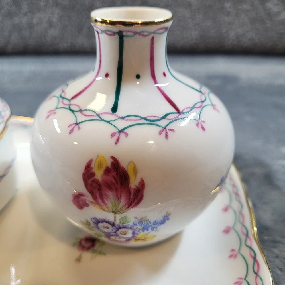 KPM Porcelain Vanity Set 4pc Floral Bud Vases Lidded Trinket Box and Tray